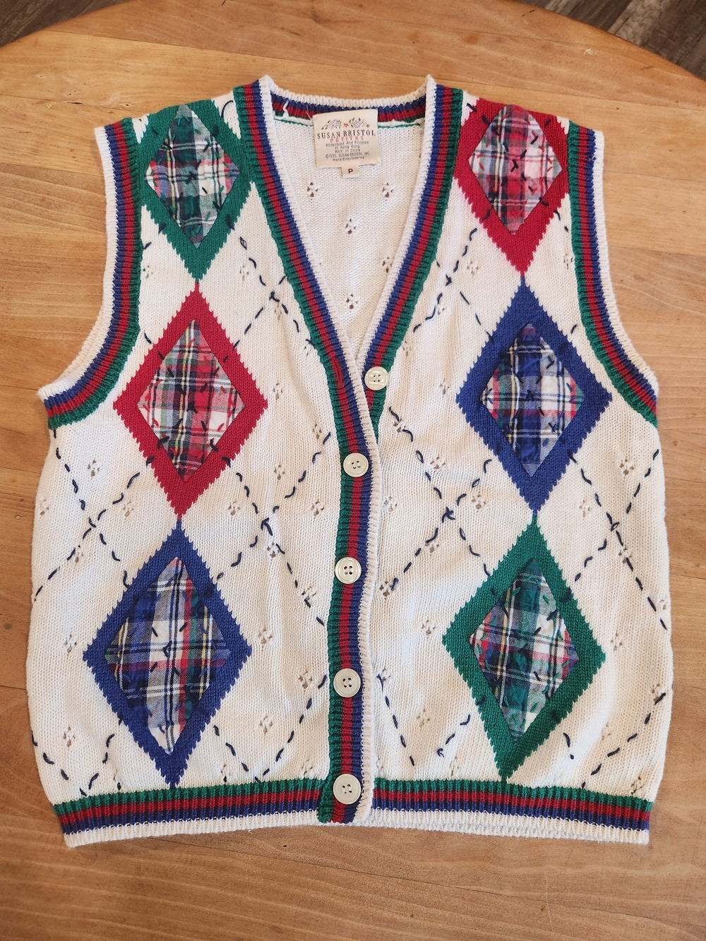 Susan Bristol Cream Argyle Knit Button Vest with Red, Blue & Green Accents